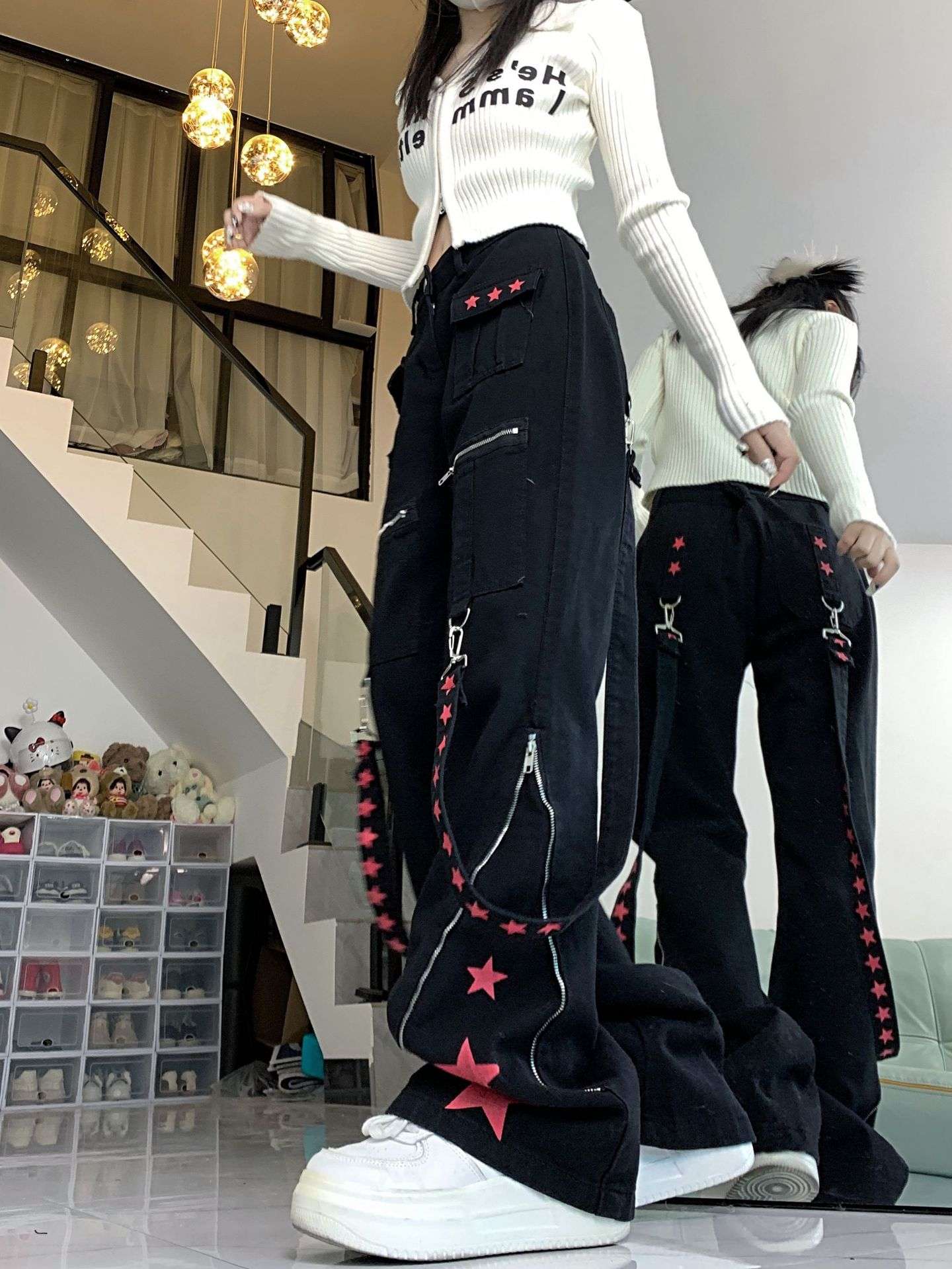 ギャルファッション 星モチーフ装飾ジッパー付きカーゴワイドパンツ