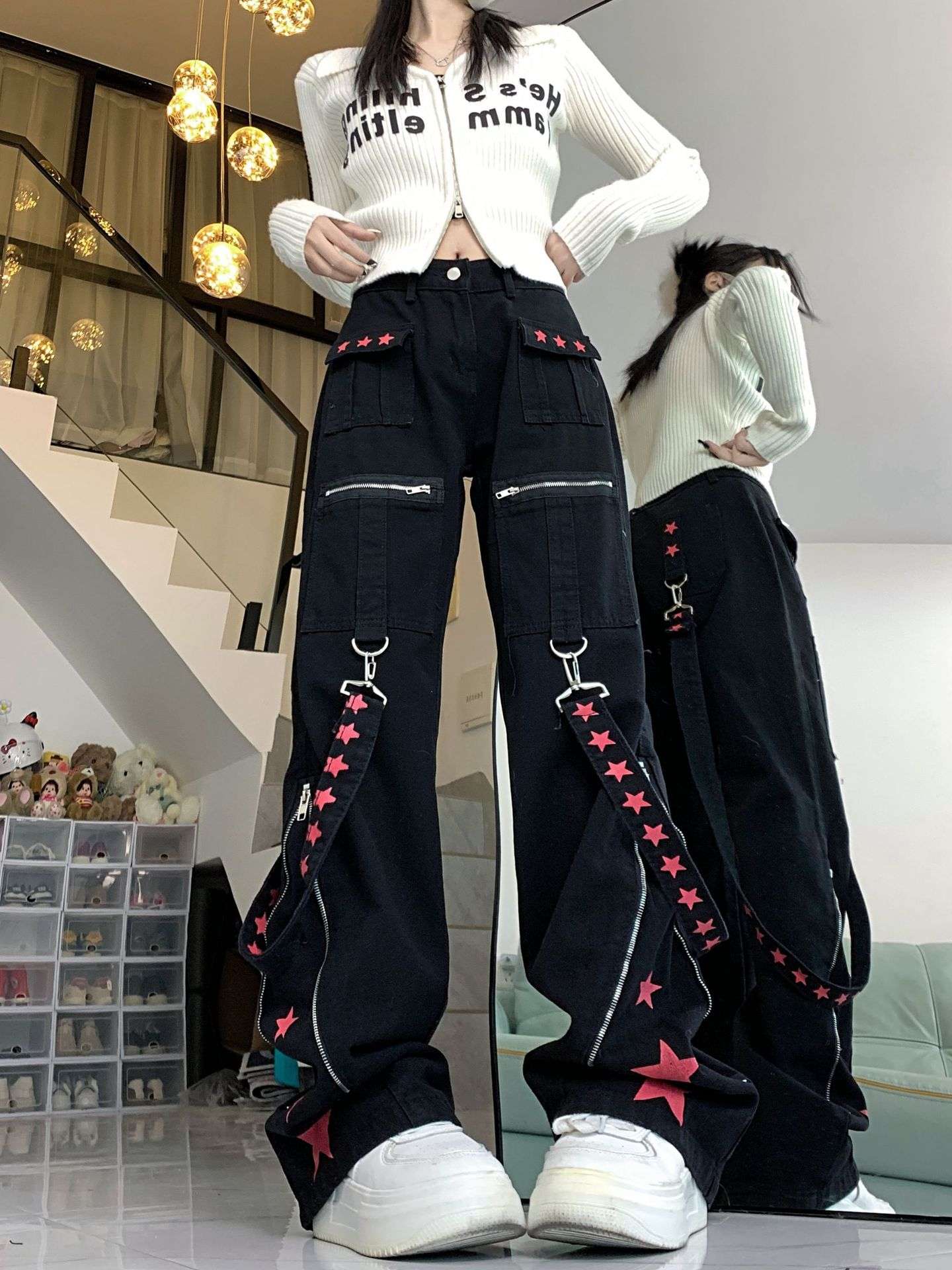ギャルファッション 星モチーフ装飾ジッパー付きカーゴワイドパンツ