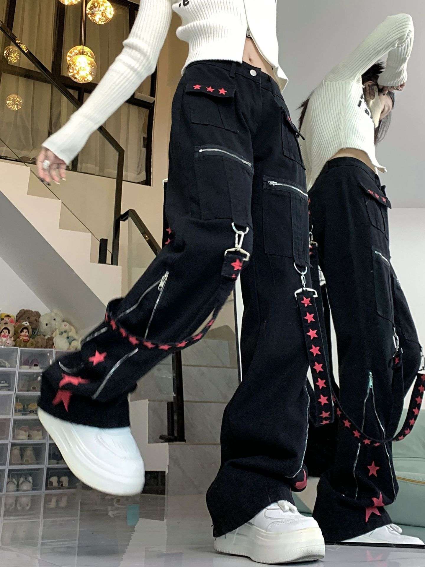 ギャルファッション 星モチーフ装飾ジッパー付きカーゴワイドパンツ