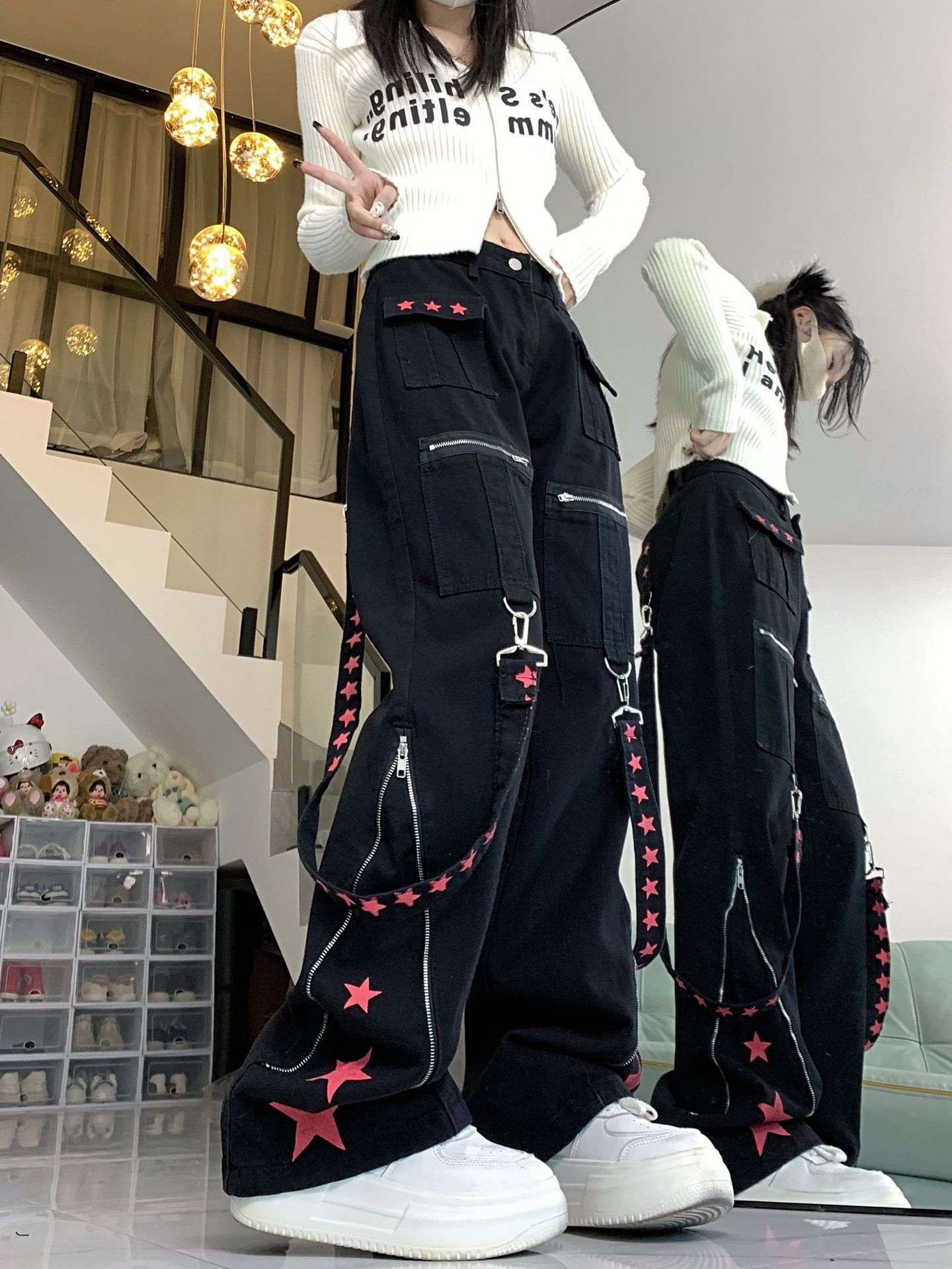 ギャルファッション 星モチーフ装飾ジッパー付きカーゴワイドパンツ